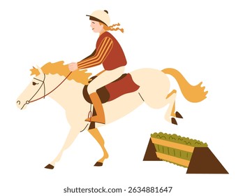 Shetland Pony and young jockey jumping over an obstacle during an pony racing