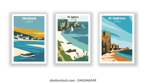 Shetland, Escocia St Agnes, Cornualles. St Andrews, Escocia - Set de 3 Carteles de Viajes Vintage. Ilustración vectorial. Impresiones de alta calidad