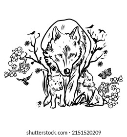 She-wolf with cubs, birds, butterfly, flowers, branches in the style of tattoo graphics. t-shirt print graphic design. - Vector