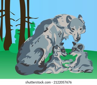 she-wolf with cubs in the forest in the clearing offspring of forest predators of mammals cubs and female play fun family