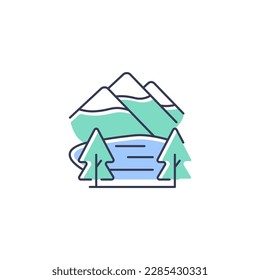 Shey-phoksundo national park RGB color icon. Deepest lake in Nepal. Trans-Himalayan region. Flora and fauna diversity. Alpine freshwater lake. Isolated vector illustration. Simple filled line drawing