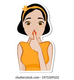 Shh! Cartoon Cute Brunette Woman With Wide Eyes Presses A His Index Finger To His Lips, Pretty Girl Scared, Asks For Silence.