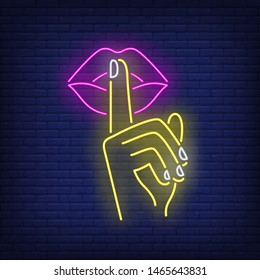 Shh gesture neon sign. Female hand, index finger on pink lips. Gestures concept. Vector illustration in neon style, glowing element for topics like silence, quiet, secret