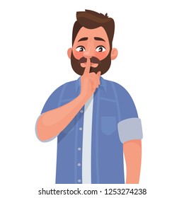 Shh! Gesture Is Quieter. The Concept Of Male Secret. A Man Asks For Silence. Vector Illustration In Cartoon Style.