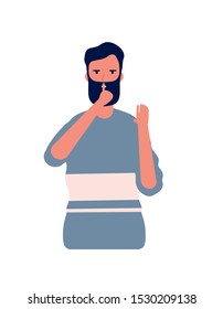 Shh male. Man with hand gesture near mouth symbol keep quiet vector concept character