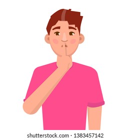 Shh man asking silence,shut his mouth. Silence please, Business secret. Vector illustration in flat style.