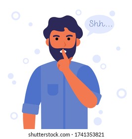 Shh man flat vector illustration. Cartoon serious man holding hand near mouth silence gesture. Business secret and please keep quiet concept