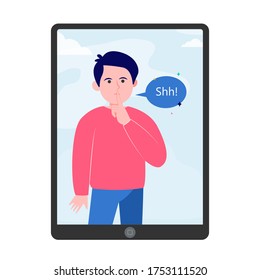 Shh man on tablet computer screen. Finger, silence, speech bubble flat vector illustration. Communication and message concept for banner, website design or landing web page