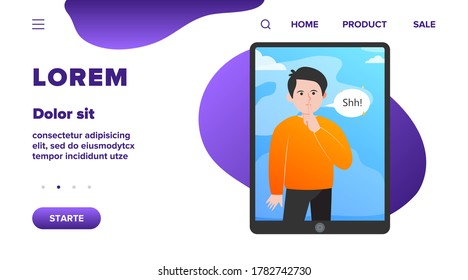 Hombre en la pantalla del ordenador. Dedo, silencio, burbuja de voz ilustración vectorial plana. Comunicación y concepto de mensaje para banner, diseño de sitio web o página web de aterrizaje