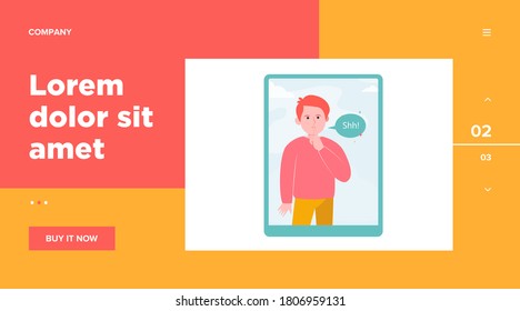 Shh man on tablet computer screen. Finger, silence, speech bubble flat vector illustration. Communication and message concept for banner, website design or landing web page