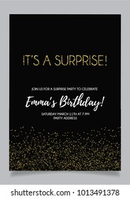 Shh... Surprise Party Invitation Card, Vector Design With Black Background And Golden Glitter Elements.