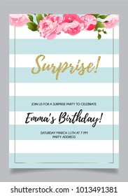 Shh... Surprise Party Invitation Card, Vector Design With Striped Background And Floral Elements.