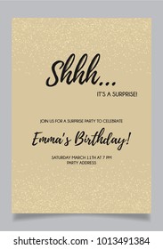 Shh... Surprise Party Invitation Card, Vector Design With Beige Background And Golden Glitter Elements.