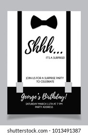 Shh... Surprise Party Invitation Card, Vector Design With Bow Tie.