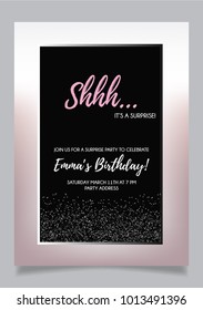 Shh... Surprise Party Invitation Card, Vector Design With Silver Glitter Elements And Pink Backround.