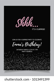 Shh... Surprise Party Invitation Card, Vector Design With Black Background And Silver Glitter Elements.