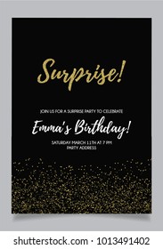 Shh... Surprise Party Invitation Card, Vector Design With Black Background And Golden Glitter Elements.