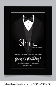 Shh... Surprise Party Invitation Card, Vector Design With Tuxedo.