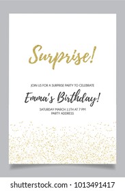 Shh... Surprise Party Invitation Card, Vector Design With White Background And Golden Glitter Elements.