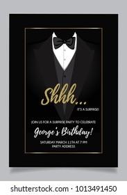 Shh... Surprise Party Invitation Card, Vector Design With Black Background And Golden Glitter Elements.