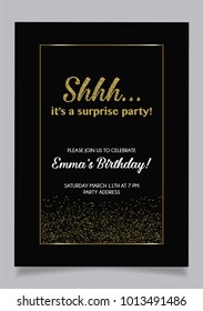 Shh... Surprise Party Invitation Card, Vector Design With Black Background And Golden Glitter Elements.