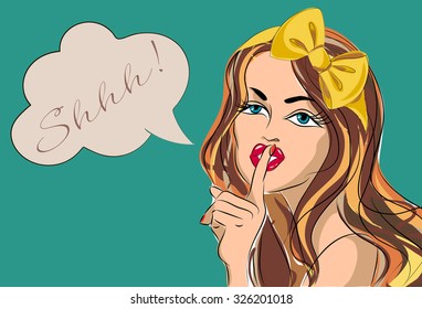 Shhh bubble pop art woman face with finger on lips Silence Gesture hand drawn vector illustration Background