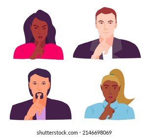 Shhh... Collection of man and woman keep finger on lips, demonstrate silence sign, have a secret. Editable vector illustration