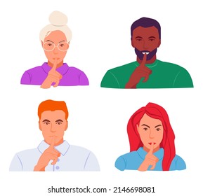 Shhh... Collection of man and woman keep finger on lips, demonstrate silence sign, have a secret. Editable vector illustration