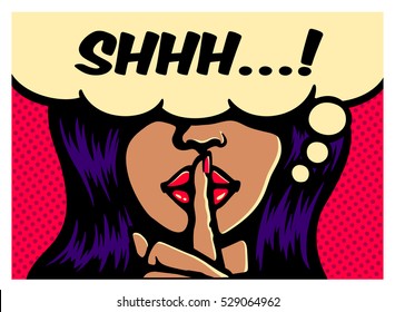 Shhh! Less talk, more action, glamorous woman making silence gesture with finger on lips comic book pop art style vector poster illustration