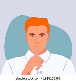 Shhh... Man Keeps Finger On Lips, Demonstrates Silence Sign, Has A Secret. Editable Vector Illustration