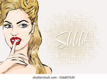 Shhh pop art woman portrait with finger on her lips. Pin-up Silence Gesture girl hand drawn vector illustration background