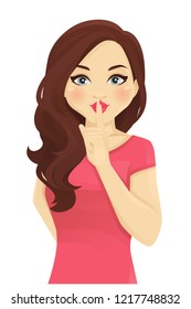 Shhh... Pretty woman keeps fingers on lips, demonstrates silence sign, has a secret isolated vector illustration