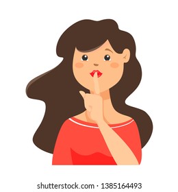 	
Shhh... Pretty woman keeps fingers on lips, demonstrates silence sign, has a secret isolated vector illustration