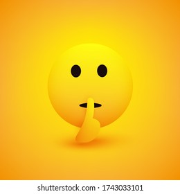 Shhh! - Serious Looking Shushing Face Showing Make Silence Sign - Emoticon with Open Eyes on Yellow Background - Vector Design Illustration