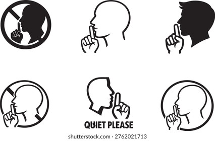 Shhh silence gesture collection representing privacy, quiet request and secret signal