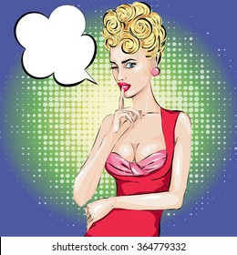 Shhh speech bubble pop art pin-up woman in red dress with finger on her lips. Silence Gesture hand drawn vector illustration background