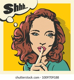 Shhh Woman, Woman With Finger On Lips, Silence Gesture, Pop Art Style Woman Banner, Shut Up