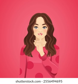 Shhh... Young beautiful woman with curly hair keeps fingers on lips, demonstrates silence sign, has a secret. Isolated vector illustration on pink red background