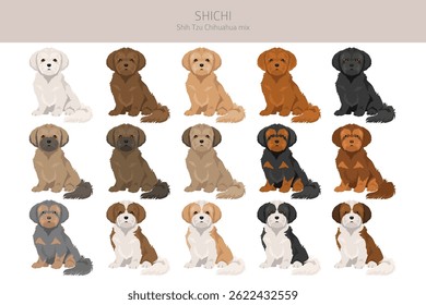 Shi Chi Clipart. Mistura Shih-Tzu Chihuahua. Diferentes cores de casaco definido.  Ilustração vetorial