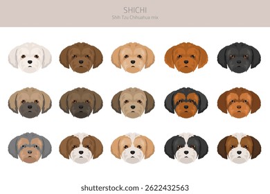 Shi Chi Clipart. Mistura Shih-Tzu Chihuahua. Diferentes cores de casaco definido.  Ilustração vetorial