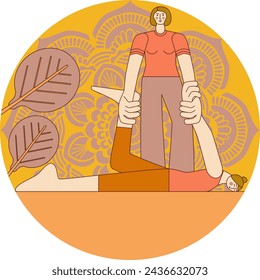 Shiatsu full body massage by professional therapist in spa. Isolated flat vector illustration in circle shape.