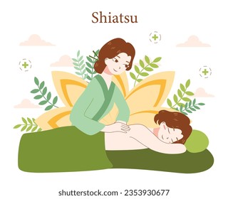 Shiatsu. Japanese medicine, acupressure, manual technique. Alternative traditional healthcare and treatment. Oriental clinic specialists providing body and mind therapy. Flat vector illustration