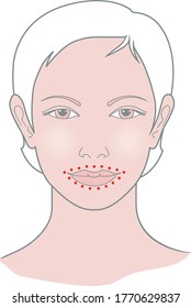 Shiatsu points face massage, acupuncture. Female head view. Vector. Isolated on white background 