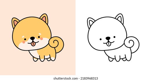 Shiba Dog Clipart for Coloring Page and Multicolored Illustration.  Adorable Clip Art Shiba Inu. Vector Illustration of a Kawaii Shiba Inu Puppy for Coloring Pages, Prints for Clothes, Stickers.
