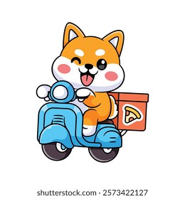 shiba dog is delivering pizza with vespa