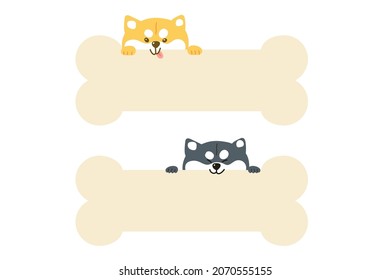 Shiba dog different color with blank bone-shaped space template for message. Cute Shiba inu character. Flat vector.