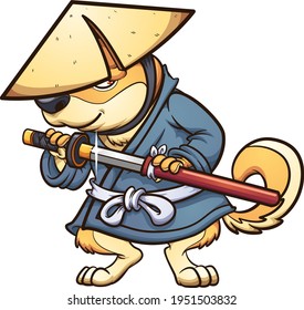 Shiba dog with Japanese ronin attire. Vector clip art illustration with simple gradients. All on a single layer.
