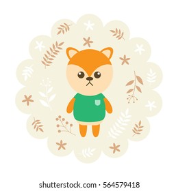 shiba dog. vector illustration cartoon, mascot. funny and lovely design. cute animal on a floral background. little animal in the children's book character style.