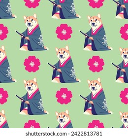 SHIBA DOG IS WEARING YUKATA AND HOLDING A KATANA SEAMLESS PATTERN