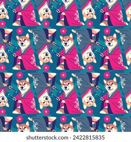 SHIBA HUND TRAGT MIT KATANA PATTERN DESIGN YUKATA